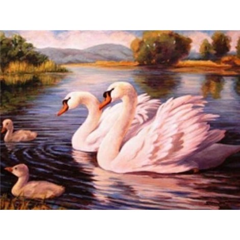 Oil Painting Style Swans Family 5D DIY Diamond Painting Kits UK